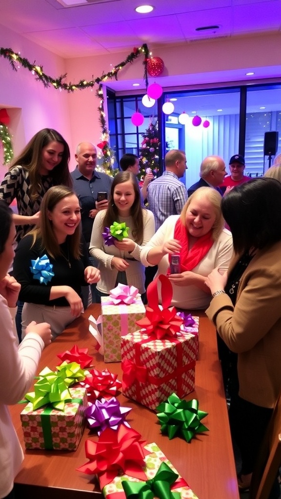 Guests enjoying Christmas party games with colorful bows in a festive setting.